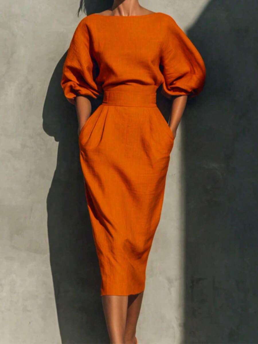 女士优雅船领花瓣袖中长连衣裙，高腰褶裥口袋通勤连衣裙 - 橘色 - 查看 1