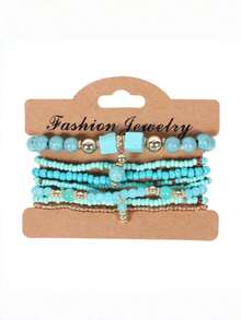 Set de 8 piezas de pulseras elásticas bohemias con cuentas, pulseras hechas a mano con cuentas, accesorios románticos para vacaciones en la playa - Multicolor - Ver 7