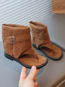 1 Pair Children's Retro Suede Leather High-Top Sandals With Toe Strap And Buckle Design - Brown - View 3