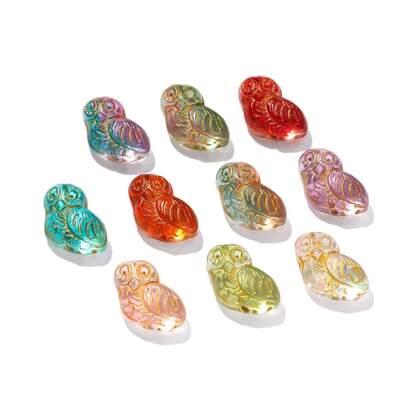 彩色透明镀金猫头鹰珠子，立体直孔珠，DIY复古风手工珠子，散珠批发