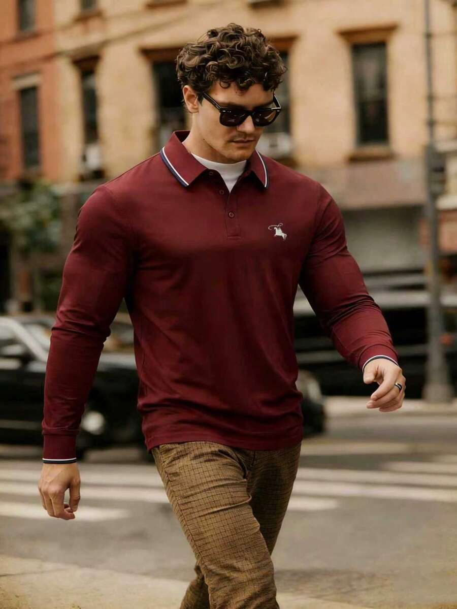 Polo de golf para hombres, camisa polo de estilo casual elegante y de negocios, diseño con botones y cuello, manga larga, primavera - Burdeos - Ver 1