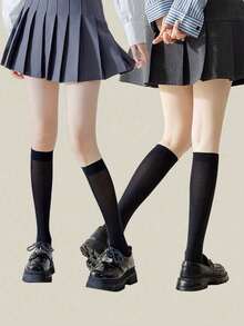 2双装黑色薄款中筒袜，JK风格显瘦长筒袜，天鹅绒过膝袜，日系时尚过膝袜 - 黑色 - 查看 3