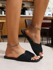 Women's Flat Slippers For Summer Outdoor Wear, Plus Size Fashion Crystal Embellished Mother Sandals - Black - View 4