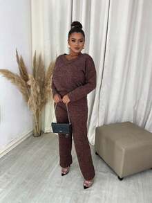 Women's Winter Set In Ribbed Wool Knit – Long-Sleeved Blouse And Pants With Functional Pockets And Elastic Back | Comfortable Casual Elegant Autumn/Winter Look - 鏽棕色 - 查看 1