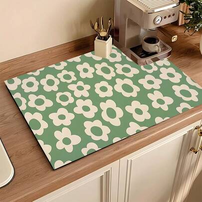 1pc Floral Print Absorbent Drying Mat, Kitchen Decor, Coffee Machine Pad, Handmade Coffee Pot Draining Mat, Kitchen Floor Mat, Dining Table Mat, Kitchen Counter Dish Drying Mat, Breakfast Mat, Heat-Resistant Anti-Slip Coaster, Washing Machine Mat, Diatomite Draining Mat, Hides Stains, Super Absorbent Kitchen Mat, Easy To Clean Dish Rack Mat, Suitable For Kitchen, Dining Table, Coffee Shop, Bar, Holidays, Parties, Home Decor, Holiday Gifts