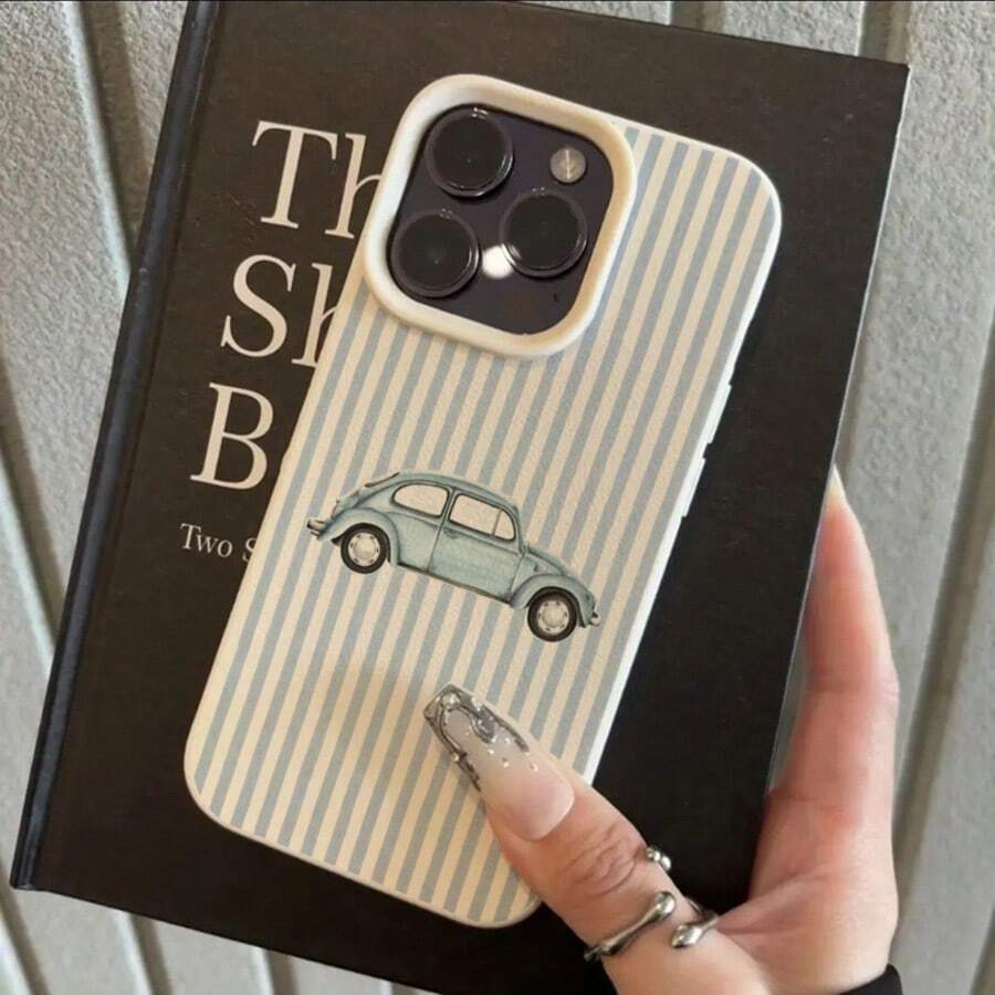 1pc TPU Vintage Retro Car Stripe Pattern Phone Case Compatible With IPhone 17 Pro Max/17/16 Pro Max/15/13/12/11, S20 FE/A15/S24/A55, Note 11/Note 12/Note 13 Pro, Full Body Shockproof Soft Protective Cover - White - View 1