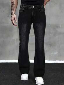 YANGCANREN 男士时尚休闲修身喇叭牛仔裤 - 黑色 - 查看 1