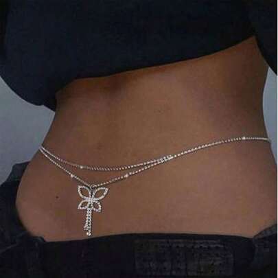 Fashionable Double-Layer Butterfly Waist Chain, Inlaid With Sparkling Rhinestones, Ideal For Beach And Party Outfits