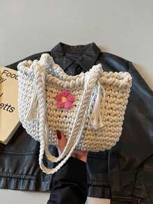 New Spring/Summer Small Floral Tassel Shoulder Bag, Hollow Straw Woven Bag, Women Beach Bag - Multicolor - View 8