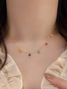 1pc Copper & Glass Delicate Lucky Four-Leaf Clover Flower Necklace, Sweet & Elegant Style For Women - Color - View 4