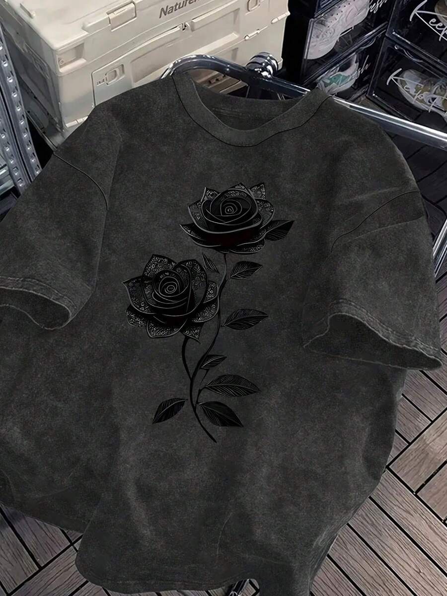 大码女式复古做旧黑色玫瑰印花短袖T恤，美式休闲百搭圆领上衣，时尚夏季女装，适合日常休闲穿着、外出、夏季旅行、度假、海滩、毕业季、返校季等场合。 - 黑色 - 查看 1