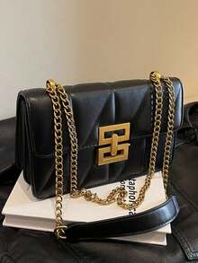 极简金属装饰链条单肩包，优雅PU皮革斜挎包，女士时尚手提包兼钱包 - 黑色 - 查看 7