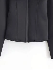 Spring/Autumn Solid Color Lightweight Zip-Up Jacket - Black - View 4