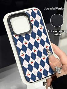 1件装 时尚个性化蓝色菱形格纹樱桃图案荔枝纹理防摔防滑软手机壳 兼容苹果手机 - 彩色 - 查看 1