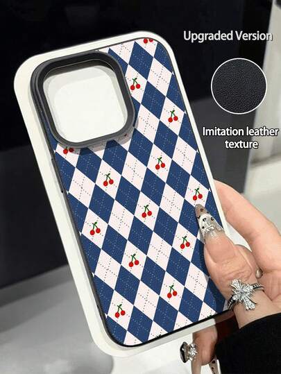 1件装 时尚个性化蓝色菱形格纹樱桃图案荔枝纹理防摔防滑软手机壳 兼容苹果手机