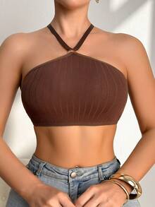 女士罗纹极简吊带针织文胸 - 咖啡棕 - 查看 4