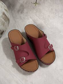 New Double-Buckle Open Toe Wedge Sandals, Lightweight Wedge Heel Increase Height, Non-Slip Slip-On Slippers, Comfortable For Commuting And Shopping - Dark Red - View 3