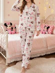 Disney Two Pieces Printed Open-Front Puff Crinkle Casual Long-Sleeved Pants Women's Pajama Set - White - View 4