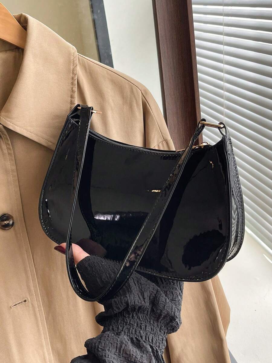 1 pieza Bolso de hombro en forma de media luna minimalista de unicolor de PU, diseño de cremallera conveniente, adecuado para salidas diarias - Negro - Ver 1