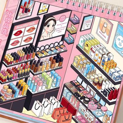 Immersive Shopping Clerk Sticker Book, 10 Store Scene Designs, DIY Simulation Game, Cosmetics Store/Convenience Store/Dessert Shop Scene Simulation, Fine Motor Skills Training, Desktop Decoration (1 Piece, Tweezers Not Included).