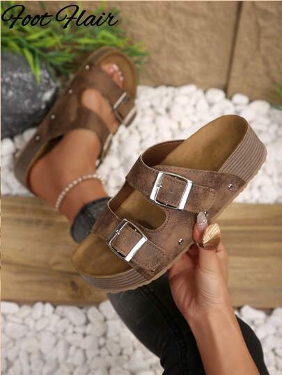 Women's Adjustable Metal Buckle Decor Round Toe Waterproof Platform Wedge Heel Bohemian Style Sandals, Suitable For Outdoor, Beach, Home And Daily Wear, Summer New Slip-On Flat Sandals, Fashion And Comfortable