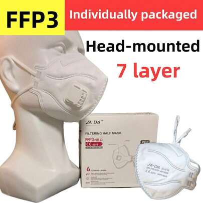 20 buc Mască de față pliabilă cu bandă pentru cap FFP3, mască de unică folosință cu 6 straturi, ambalată individual, confortabilă și respirabilă, mărime pentru adulți, cu clemă nazală