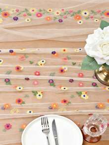 1Pc Floral Embroidered Table Runner, Featuring Colorful Mini Flowers And A Semi-Transparent Mesh Fabric, In A Rustic And Refreshing Style, Suitable For Bedroom, Living Room, Party, And Wedding Table Decoration. - 11.81*70.87英寸 - 查看 9