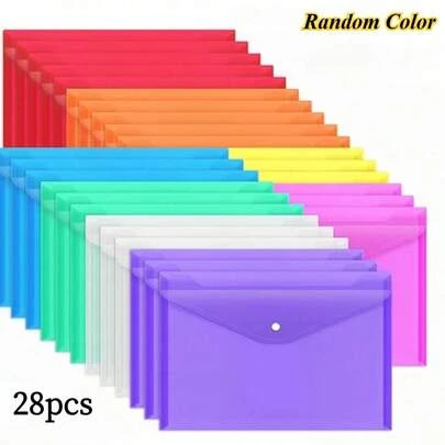 28 pièces Pochettes plastiques de couleurs aléatoires , Fermeture à pression, enveloppes transparentes format A4/Lettre, organisateur de documents durable pour l'école, le bureau et les devoirs