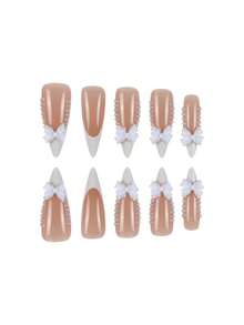 24pcs Long Pointed Nail Stickers, Elegant Butterfly & Pearl Design, Versatile For Daily Wear, Wedding & Party, Includes 1 Nail File - White - View 3