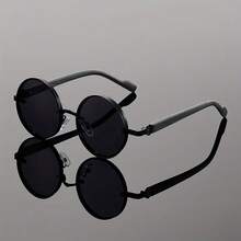 Retro Punk Glasses - Heavy Metal Style And Casual Outfit - Lightweight Round Frame Design - Unisex - Classic Apparel Accessory - Wood Grain Effect - Punk  Accessory - Black - View 9