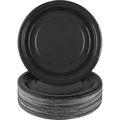 7-Inch + 9-Inch Luxury Black Round Paper Plate Set, Wedding Dessert & Main Course Serving Platter, Birthday Party Cake Plate, Anniversary Banquet Serving Tray, Business Tea Break Buffet Plate, Holiday Gathering Dining Plate, Steak & Pasta Plate, Afternoon Tea Snack Plate, Elegant Black Dinnerware