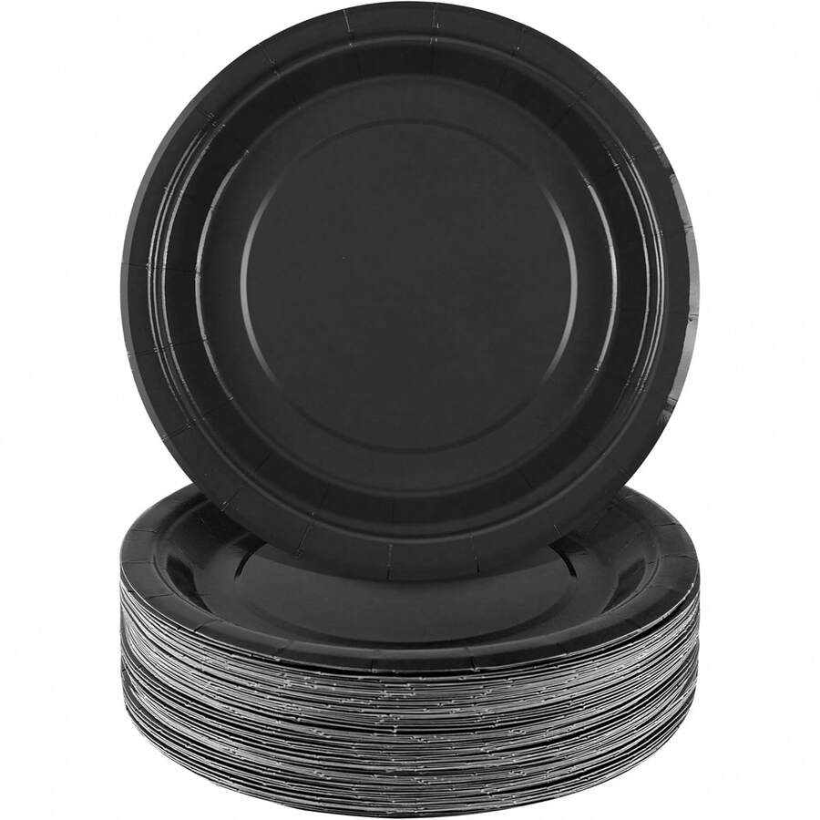 7-Inch + 9-Inch Luxury Black Round Paper Plate Set, Wedding Dessert & Main Course Serving Platter, Birthday Party Cake Plate, Anniversary Banquet Serving Tray, Business Tea Break Buffet Plate, Holiday Gathering Dining Plate, Steak & Pasta Plate, Afternoon Tea Snack Plate, Elegant Black Dinnerware - Black - View 1