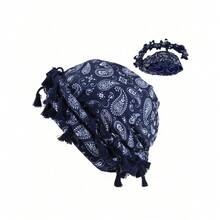 1pc Unisex Retro Tasseled Headband, Twisted Turban, Braided Beanie Halloween - Họa tiết Paisley màu xanh hải quân - Xem 1