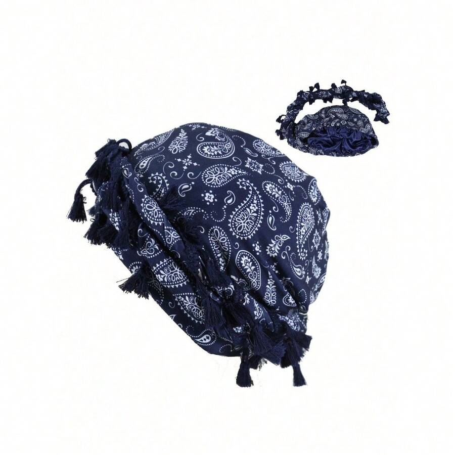 1pc Unisex Retro Tasseled Headband, Twisted Turban, Braided Beanie Halloween - Họa tiết Paisley màu xanh hải quân - Xem 1