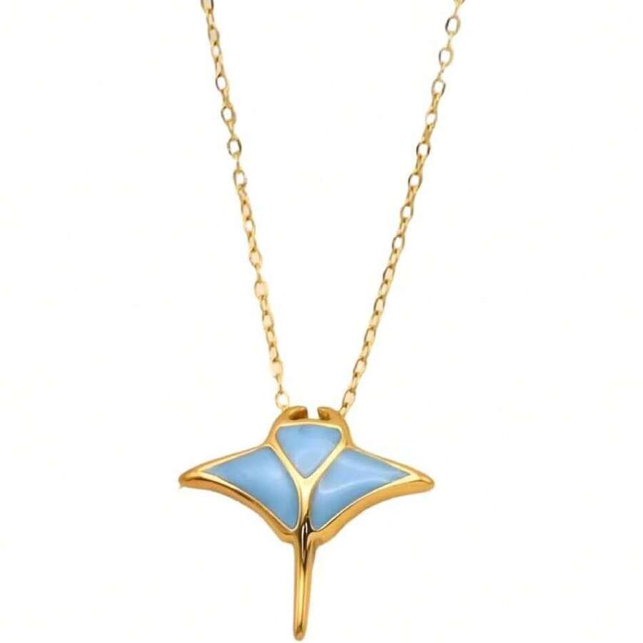 Manta Ray Pendant Necklace, Opal, Manta Ray, Snake, Stainless Steel Necklace, Wheat Chain, For Women, Men, Summer, Beach, Mobula, 42555811 - 粉色 - 查看 1