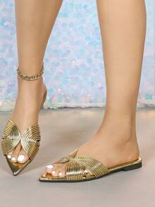 French New Pointed Toe Gold Woven Versatile Soft Vacation Style Open Toe Slide Sandals For Women - Gold - View 3