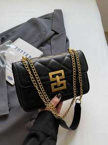 极简金属装饰链条单肩包，优雅PU皮革斜挎包，女士时尚手提包兼钱包 - 黑色 - 查看 7