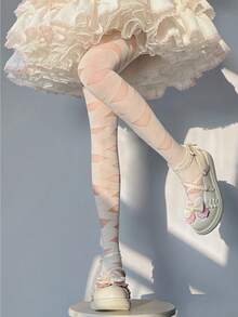 1/2 双日式交叉蕾丝洛丽塔女式长筒袜，黑白底色长筒袜，白色蕾丝层洛丽塔连裤袜，薄款黑色蕾丝版。 - 彩色 - 查看 2