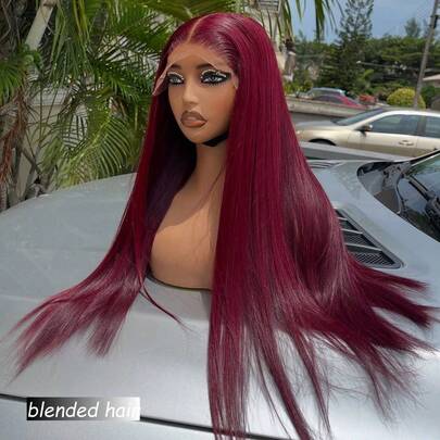 13x4 Lace Front Straight Human Hair Wig, 180% Density Unprocessed Brazilian Virgin Hair Wig, Pre-Plucked With Baby Hair, For Women 8-36 Inches, 99J Burgundy