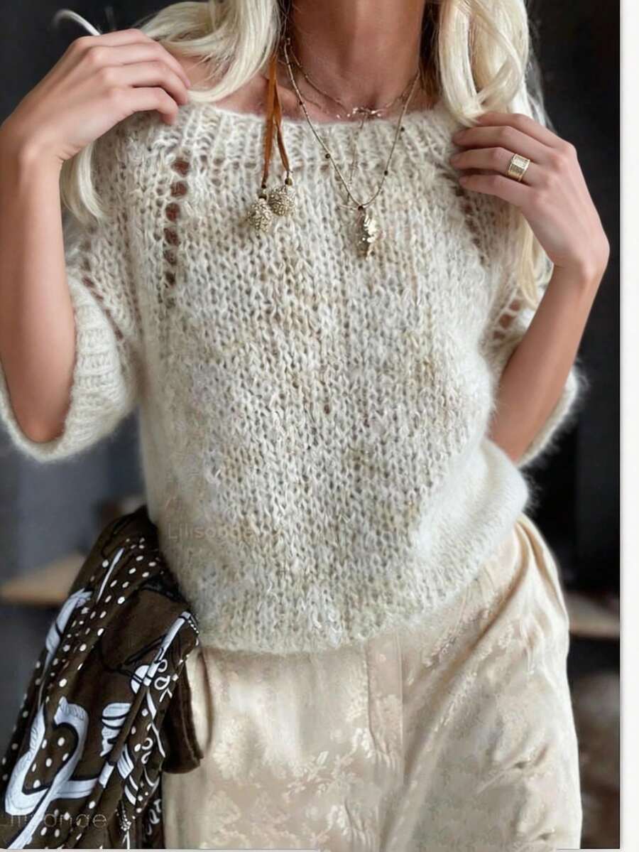 Blusa de punto corta de mezcla de mohair color crema, cuello barco de manga corta con diseño calado, adecuada para salidas casuales de primavera/verano y estilo elegante