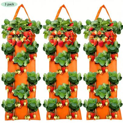 3个装悬挂式草莓种植袋，8个种植孔，垂直蔬菜种植袋，适用于户外庭院，抗撕裂植物生长袋