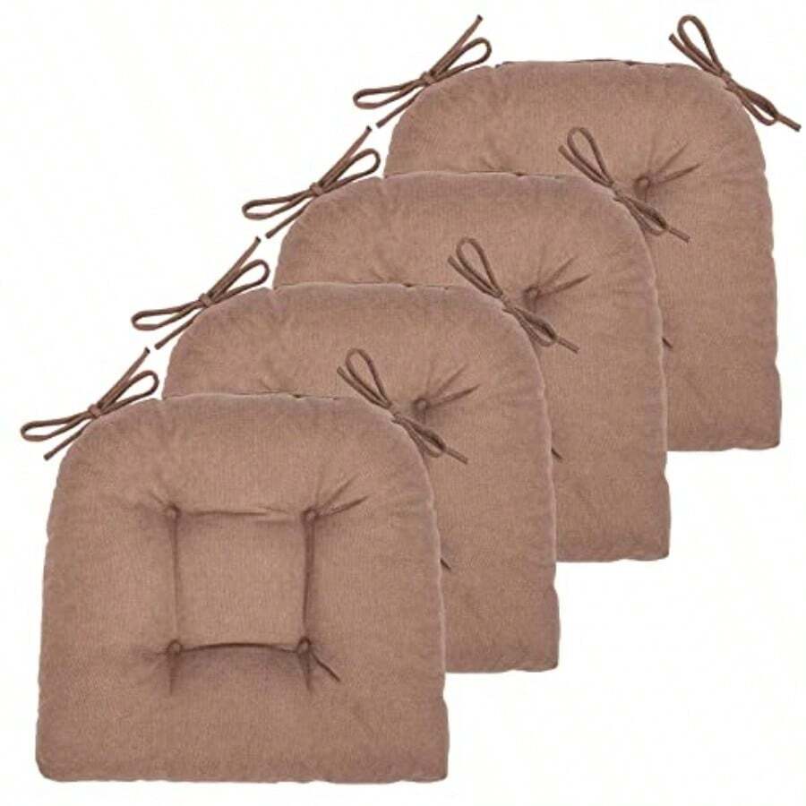 Juego de 4 cojines de silla para sillas de comedor almohadillas para orejas de silla y alfombrilla con lazos para asiento de cocina y computadora 4 unidades 17 x 16 pulgadas café - c y f - Ver 1