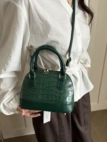 Fashionable Solid Color Crocodile Embossed Handbag - Green - View 4