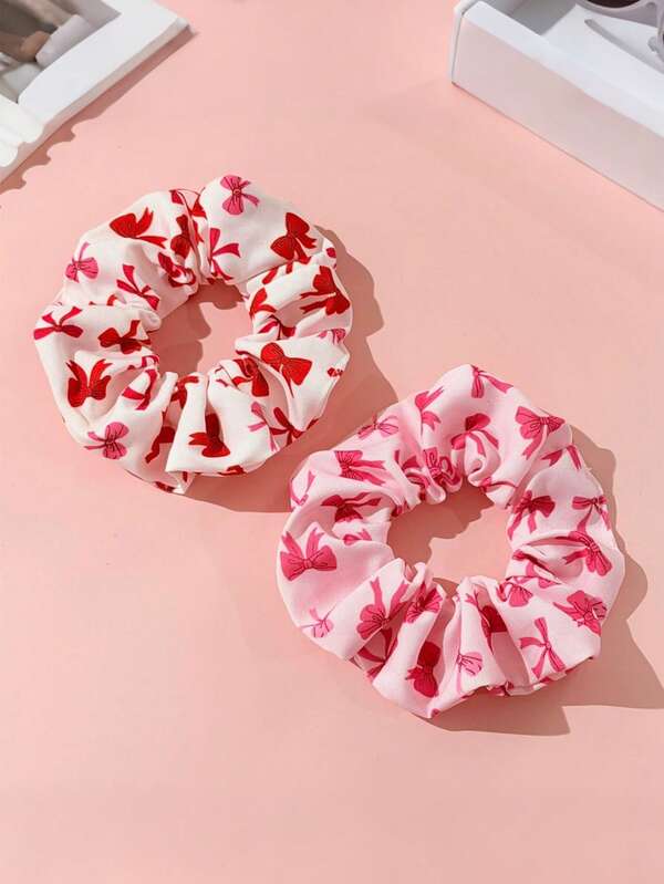 2pcs Cute Bowknot Ribbon Print Scrunchies, High Elasticity Hair Ties For Buns & Low Ponytails