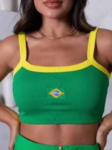 Cropped Top Brazil Women's Ribbed Straps Embroidered Cup 2026 Vibe Contrasting Waist Open Back / Backless Embroidery Beach - Green - View 4