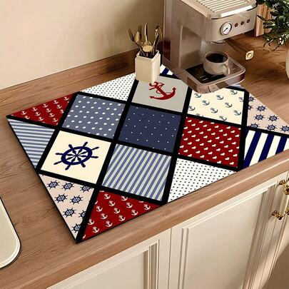 1pc Colorful Patchwork Style Printed Kitchen Decor, Coffee Machine Mat, Handmade Coffee Pot Draining Mat, Kitchen Floor Mat, Dining Table Mat, Kitchen Counter Dish Drying Mat, Breakfast Mat, Heat-Resistant Anti-Slip Coaster, Washing Machine Mat, Silicone Draining Mat, Hides Stains, Super Absorbent Kitchen Mat, Easy To Clean Dish Rack Mat, Suitable For Kitchen, Dining Table, Coffee Shop, Bar, Holiday, Party, Home Decor, Holiday Gift