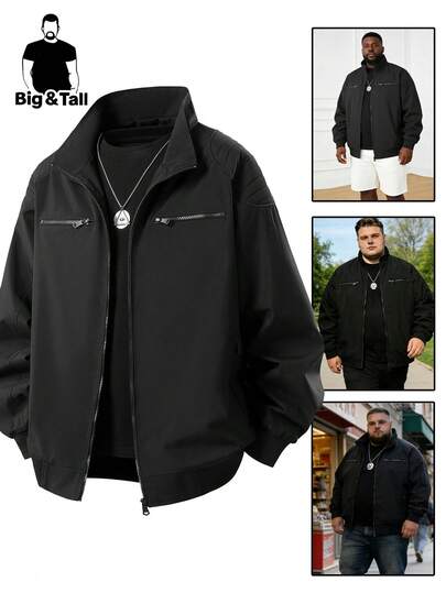 Plus Size Men's Jacket, Men's Plus Size Jacket, Stand Collar Jacket For Spring And Autumn, Extra Large Loose Draping Jacket Suitable For Figures, Holiday Gift