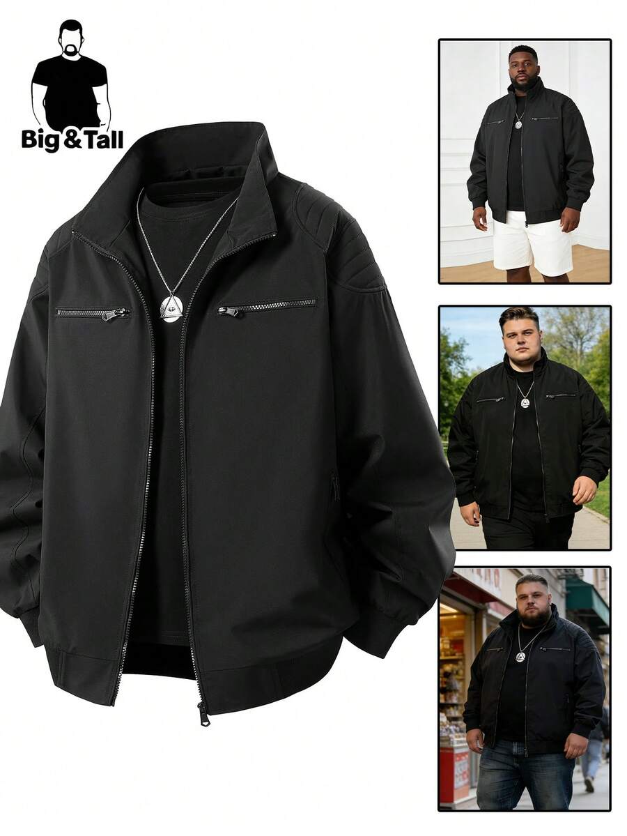 Plus Size Men's Jacket, Men's Plus Size Jacket, Stand Collar Jacket For Spring And Autumn, Extra Large Loose Draping Jacket Suitable For Figures, Holiday Gift Sports