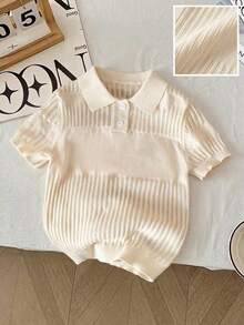 Maglione a maniche corte con colletto traforato per ragazzi, stile casual da scuola per primavera, estate e inizio autunno - Albicocca - Visualizzare 3