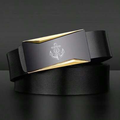 Anchor Pattern Men's Black Automatic Buckle Belt Set, Automatic Buckle Logo Design, Fashionable Business Style, Suitable For Husband/Boyfriend's Daily Commute And Office Wear, Can Be Paired With Jeans And Suits, Applicable For Business Casual Occasions, Standard Size, An Essential Accessory For Men's Daily Outfit